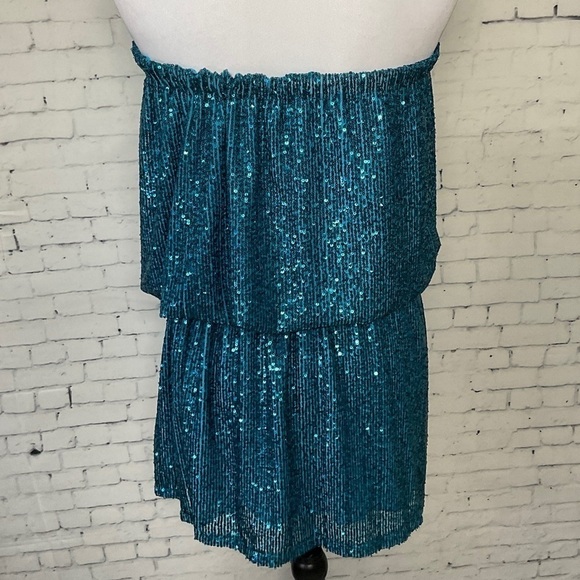 Sofia Women Turquoise Sequin Mini Strapless Dress Drop Waist Blouson One Size T1 - Picture 7 of 12